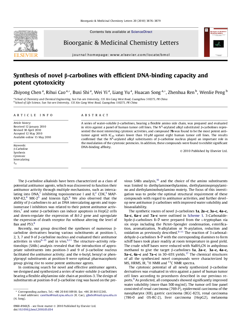 Synthesis of novel β-carbolines with efficient DNA-binding capacity and potent cytotoxicity