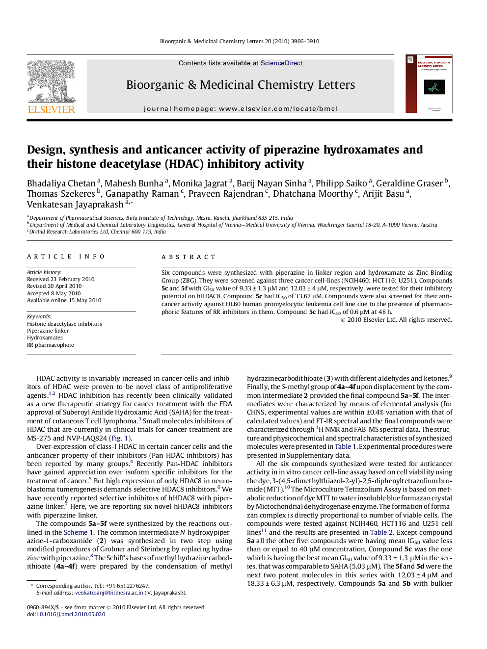 Design, synthesis and anticancer activity of piperazine hydroxamates and their histone deacetylase (HDAC) inhibitory activity