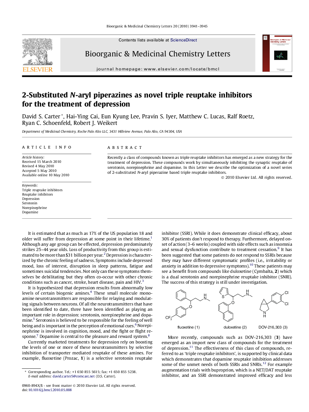 2-Substituted N-aryl piperazines as novel triple reuptake inhibitors for the treatment of depression