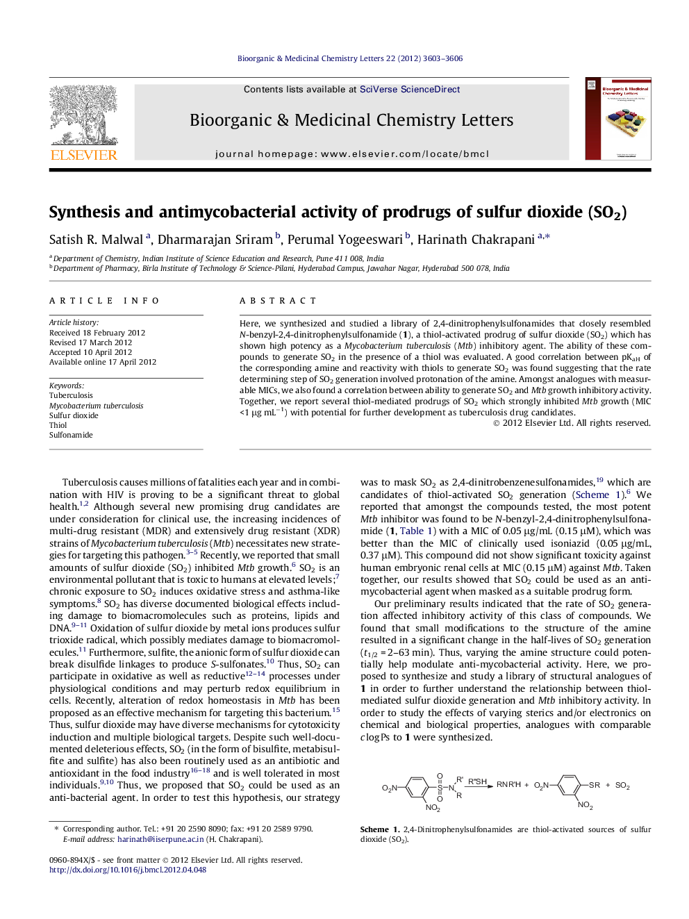 Synthesis and antimycobacterial activity of prodrugs of sulfur dioxide (SO2)