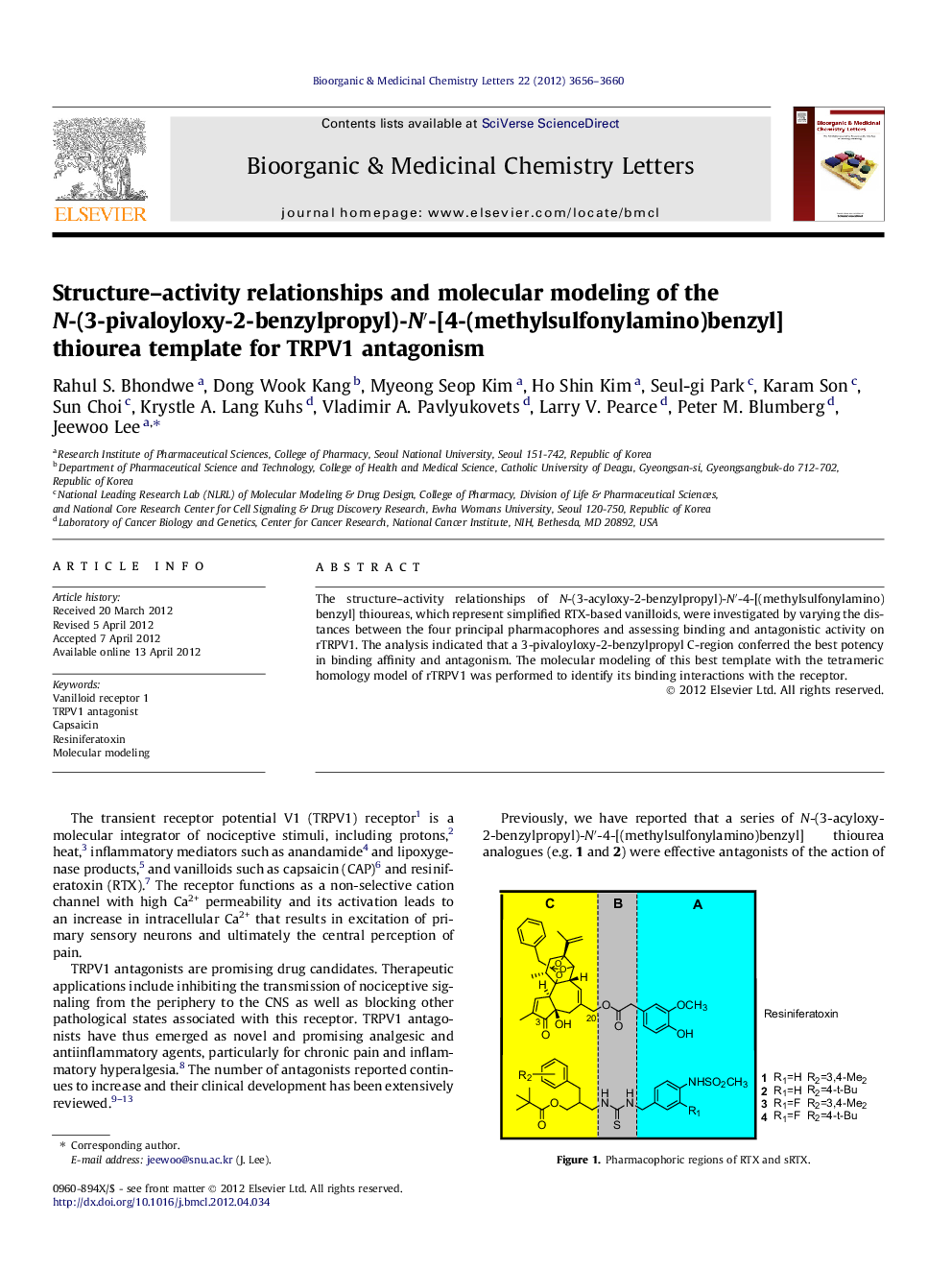 Structure–activity relationships and molecular modeling of the N-(3-pivaloyloxy-2-benzylpropyl)-N′-[4-(methylsulfonylamino)benzyl] thiourea template for TRPV1 antagonism