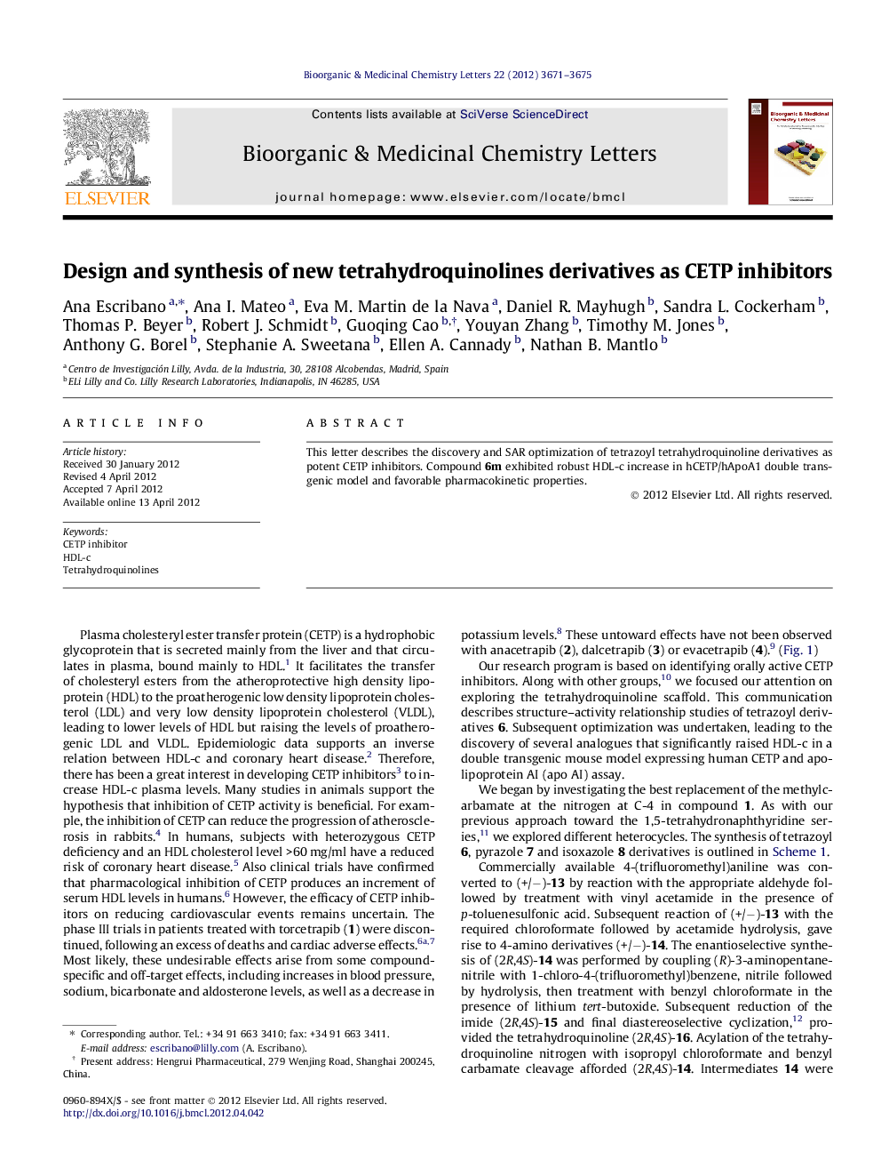 Design and synthesis of new tetrahydroquinolines derivatives as CETP inhibitors