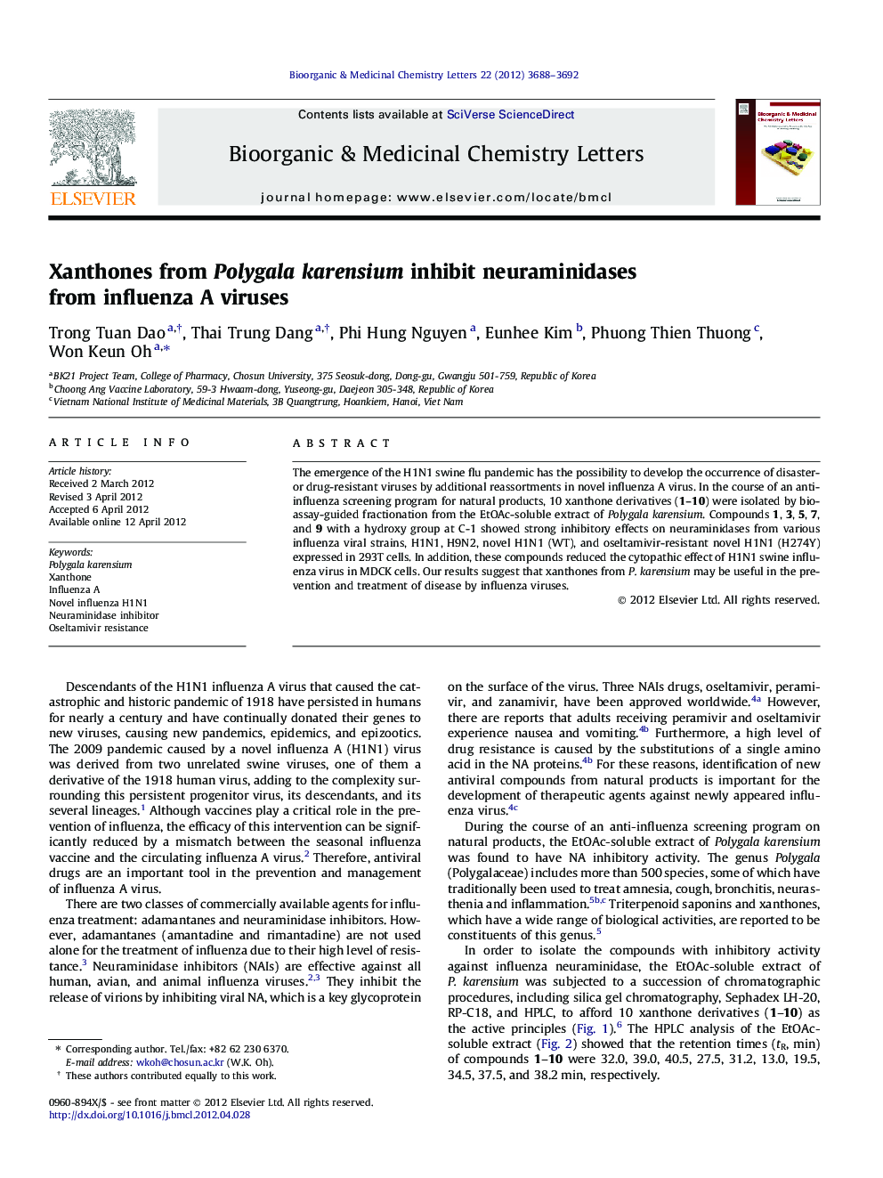 Xanthones from Polygala karensium inhibit neuraminidases from influenza A viruses