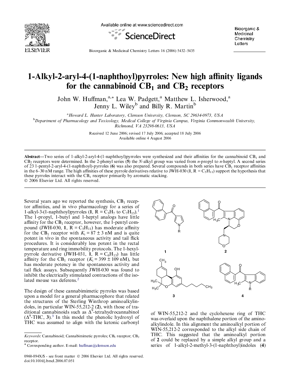 1-Alkyl-2-aryl-4-(1-naphthoyl)pyrroles: New high affinity ligands for the cannabinoid CB1 and CB2 receptors