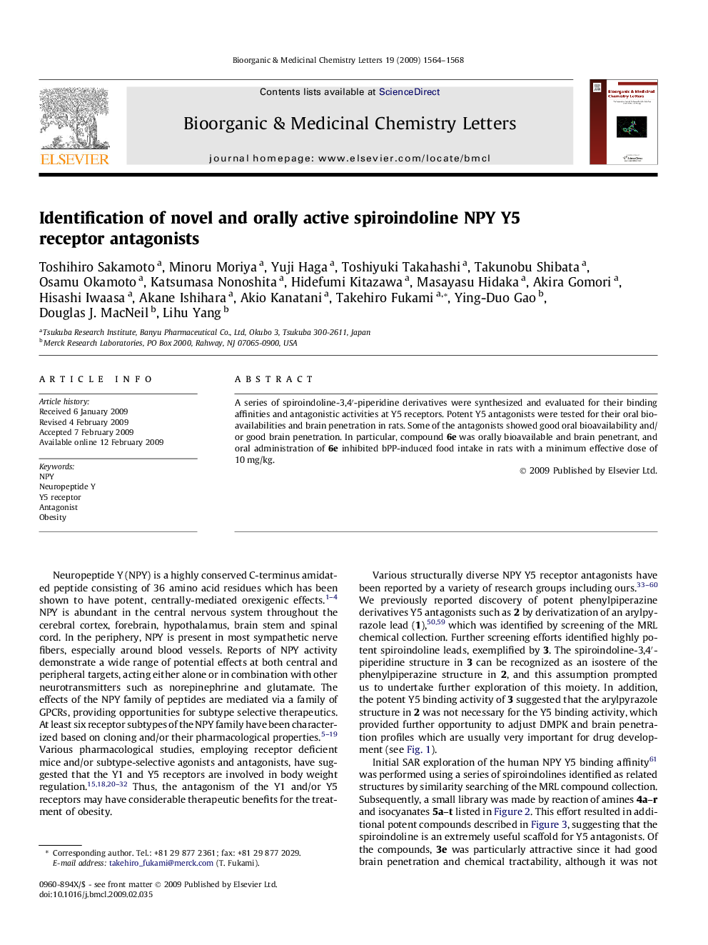 Identification of novel and orally active spiroindoline NPY Y5 receptor antagonists