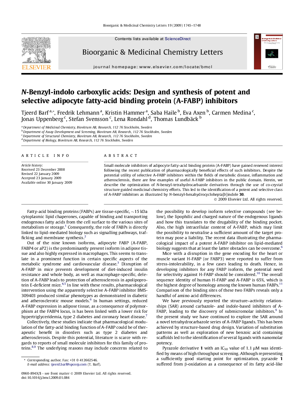 N-Benzyl-indolo carboxylic acids: Design and synthesis of potent and selective adipocyte fatty-acid binding protein (A-FABP) inhibitors