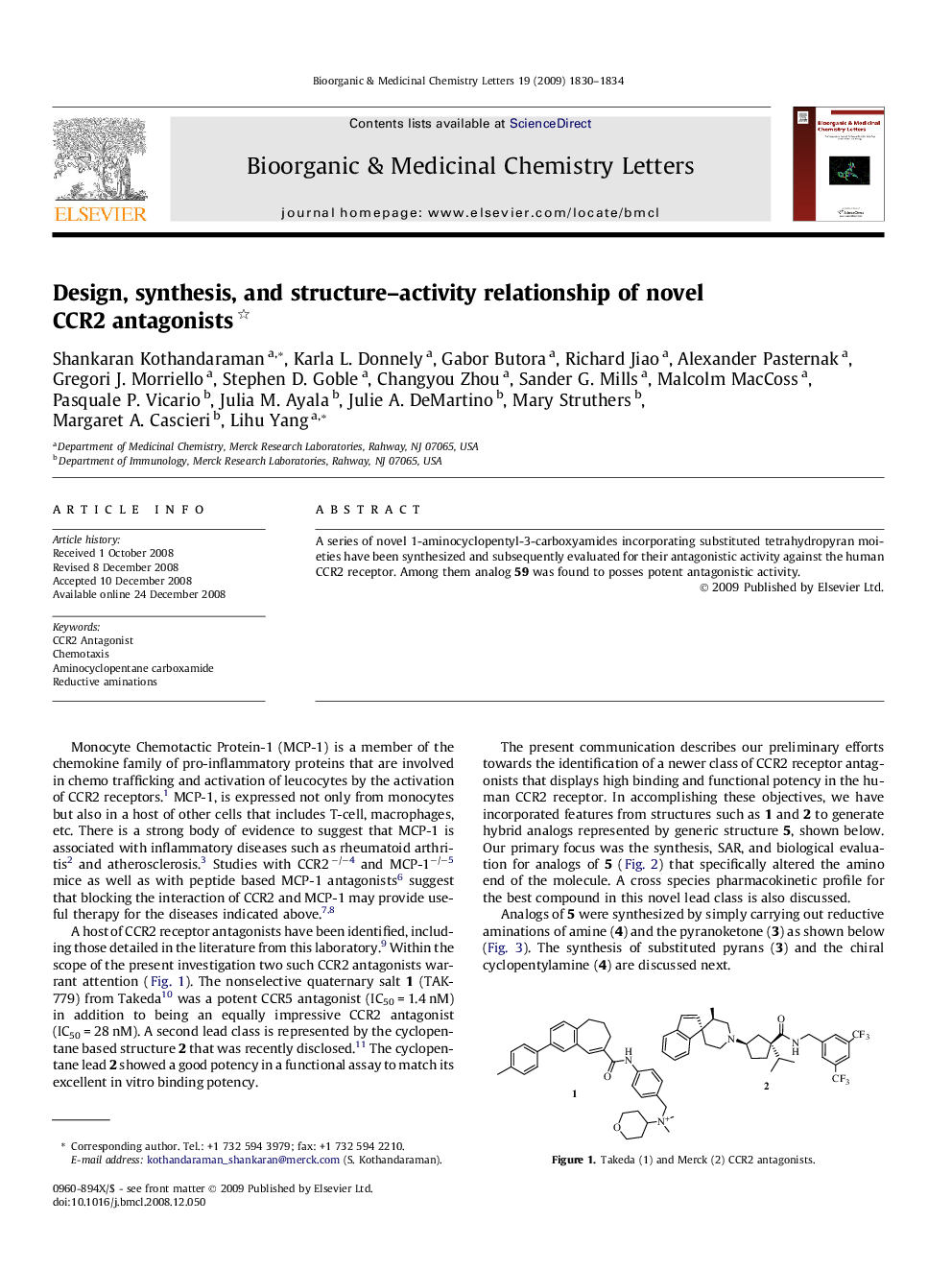 Design, synthesis, and structure–activity relationship of novel CCR2 antagonists 