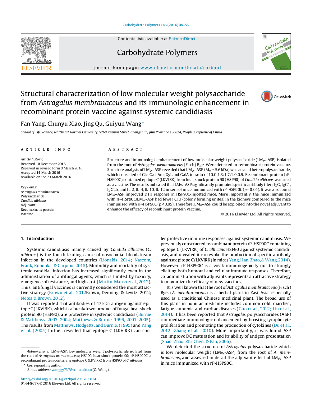 Structural characterization of low molecular weight polysaccharide from Astragalus membranaceus and its immunologic enhancement in recombinant protein vaccine against systemic candidiasis