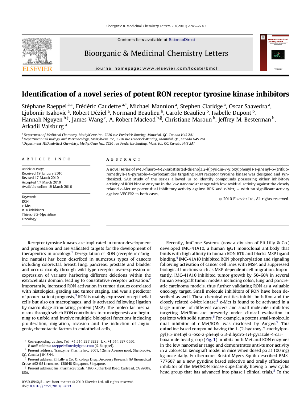 Identification of a novel series of potent RON receptor tyrosine kinase inhibitors