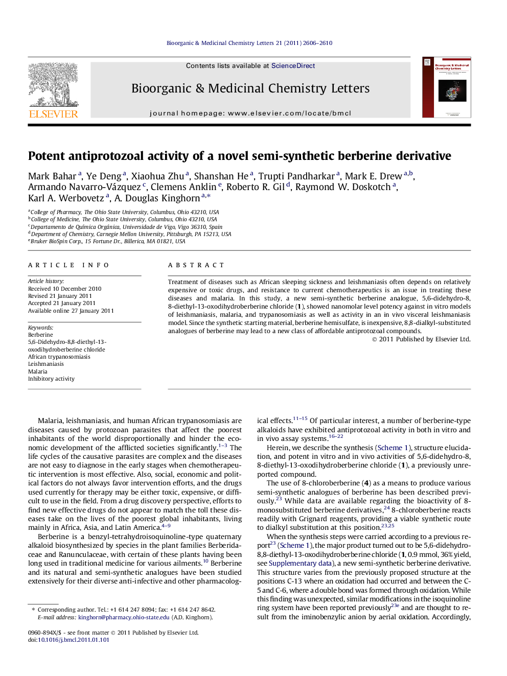 Potent antiprotozoal activity of a novel semi-synthetic berberine derivative