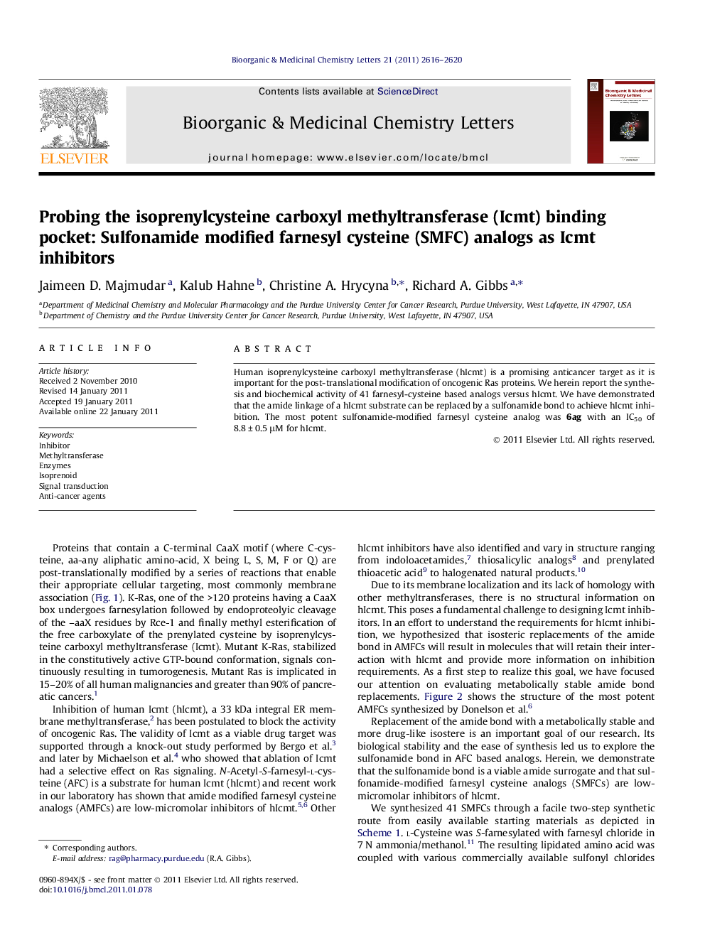 Probing the isoprenylcysteine carboxyl methyltransferase (Icmt) binding pocket: Sulfonamide modified farnesyl cysteine (SMFC) analogs as Icmt inhibitors