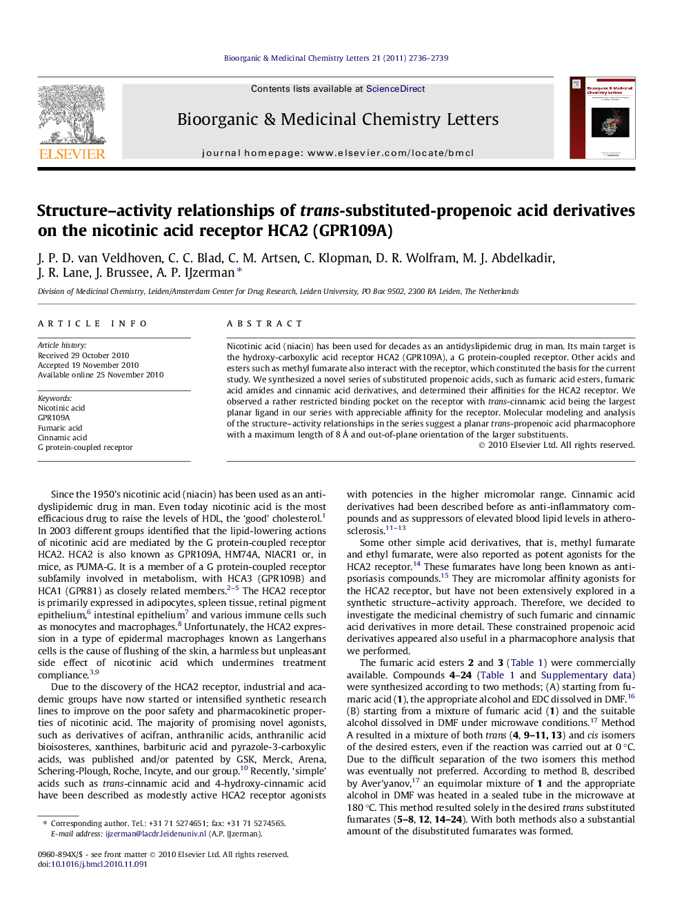 Structure–activity relationships of trans-substituted-propenoic acid derivatives on the nicotinic acid receptor HCA2 (GPR109A)