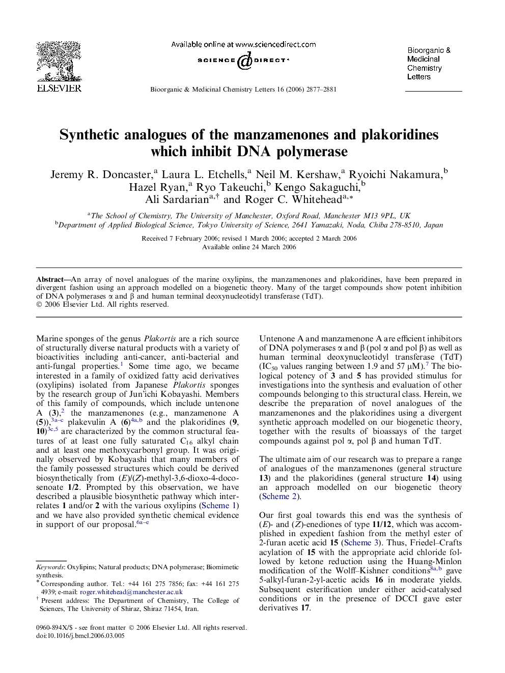 Synthetic analogues of the manzamenones and plakoridines which inhibit DNA polymerase