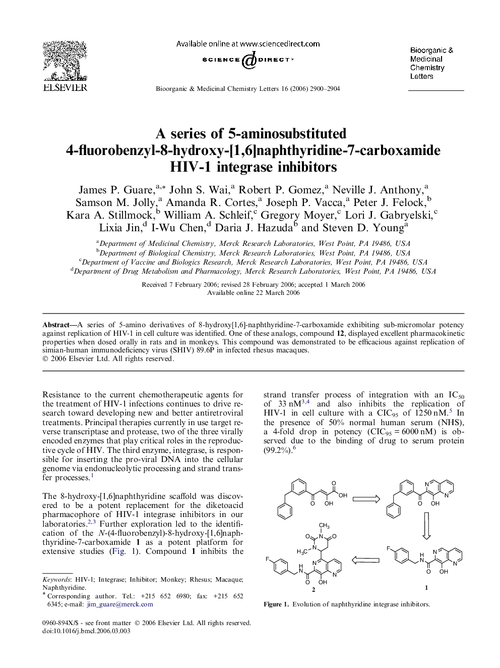 A series of 5-aminosubstituted 4-fluorobenzyl-8-hydroxy-[1,6]naphthyridine-7-carboxamide HIV-1 integrase inhibitors