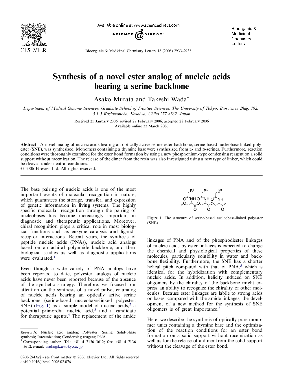 Synthesis of a novel ester analog of nucleic acids bearing a serine backbone