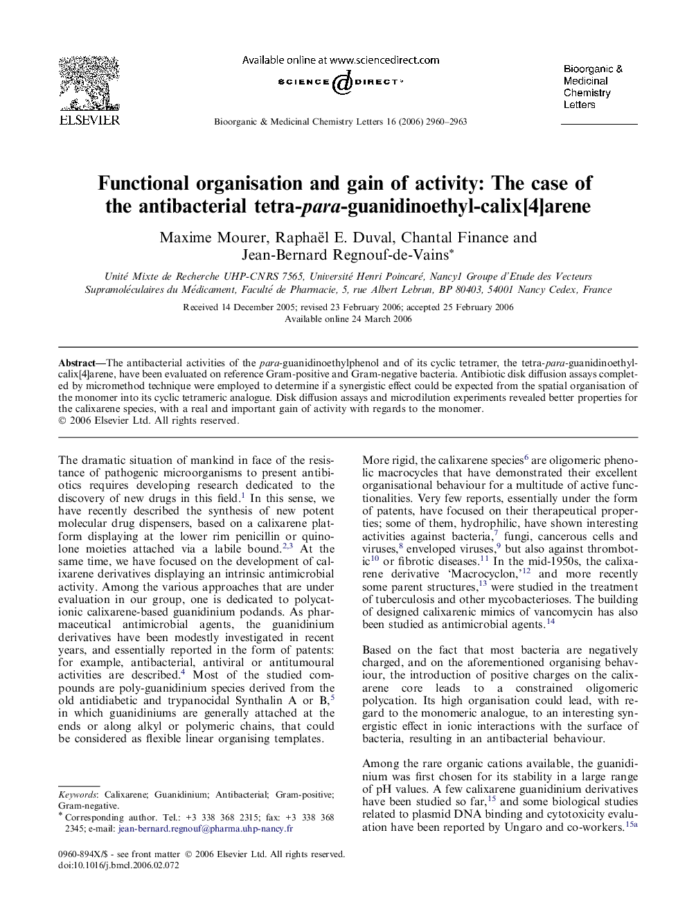 Functional organisation and gain of activity: The case of the antibacterial tetra-para-guanidinoethyl-calix[4]arene