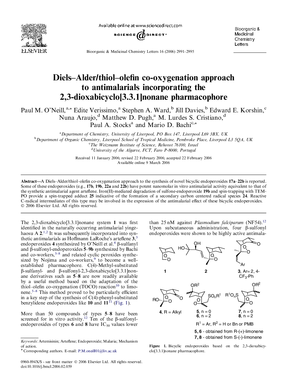 Diels–Alder/thiol–olefin co-oxygenation approach to antimalarials incorporating the 2,3-dioxabicyclo[3.3.1]nonane pharmacophore