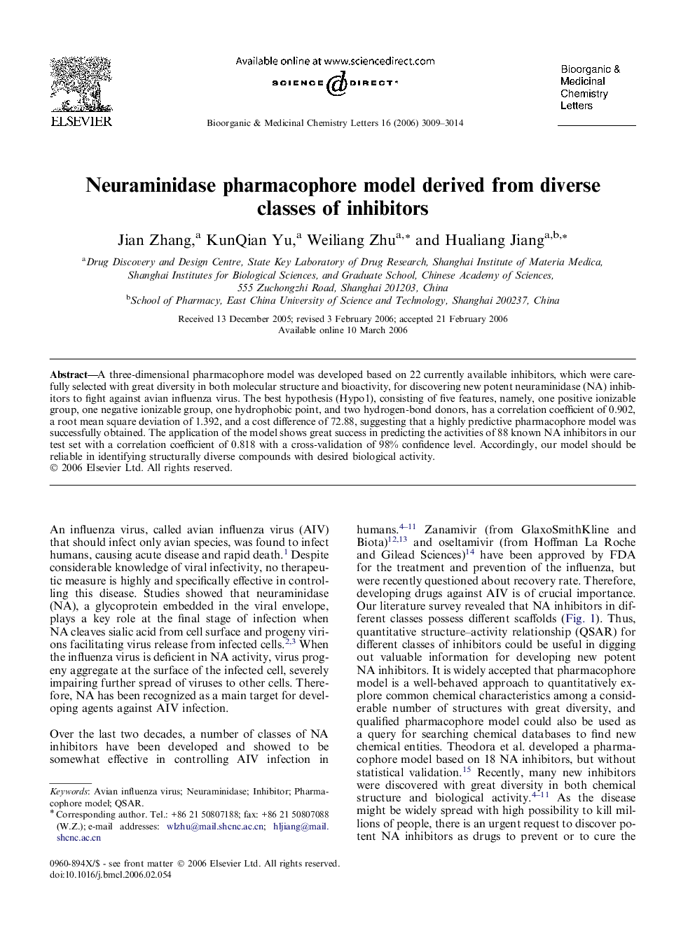 Neuraminidase pharmacophore model derived from diverse classes of inhibitors