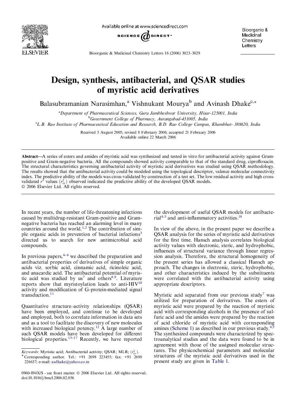 Design, synthesis, antibacterial, and QSAR studies of myristic acid derivatives