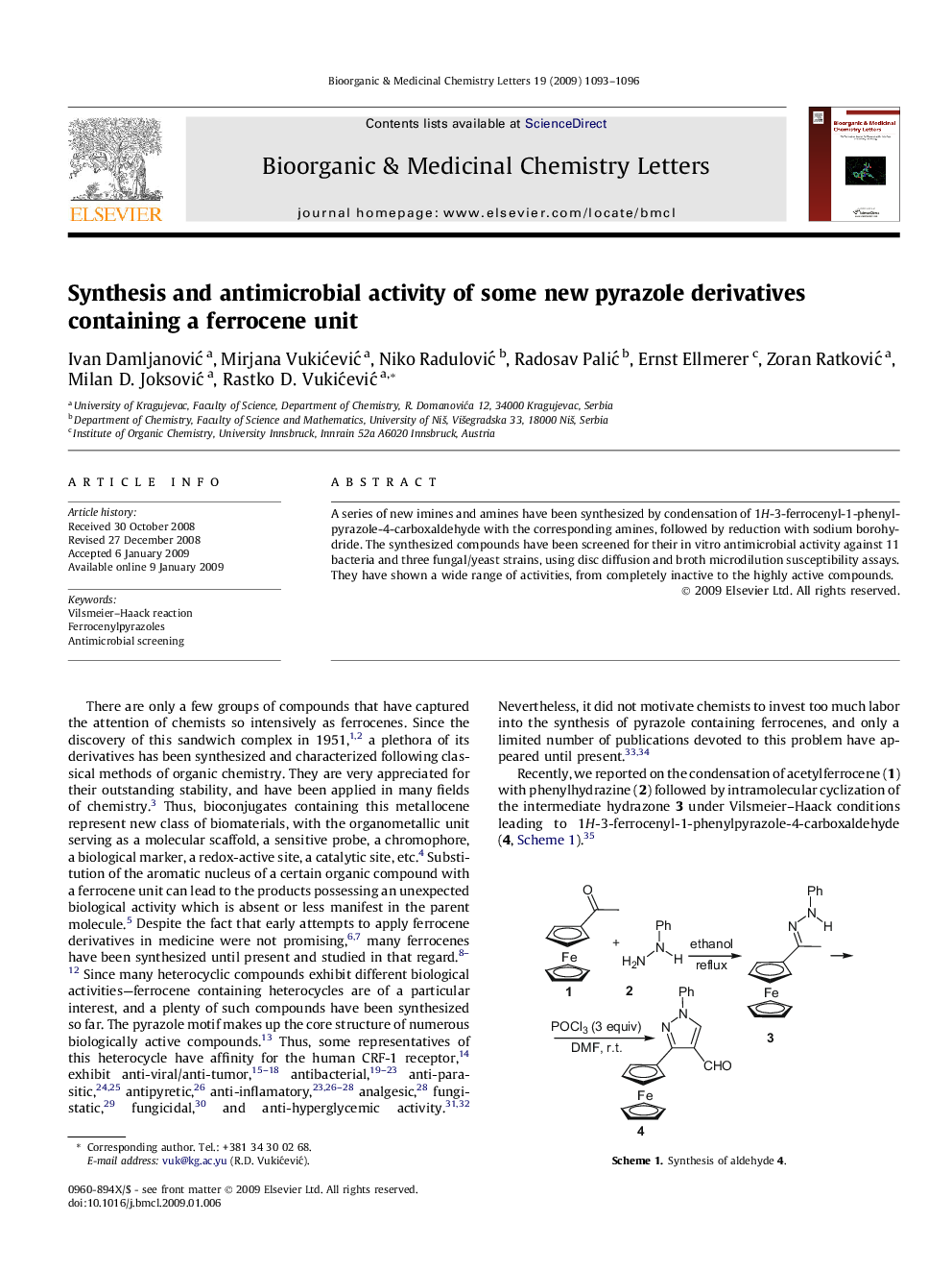 Synthesis and antimicrobial activity of some new pyrazole derivatives containing a ferrocene unit