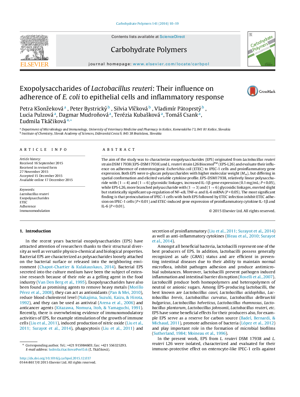 Exopolysaccharides of Lactobacillus reuteri: Their influence on adherence of E. coli to epithelial cells and inflammatory response