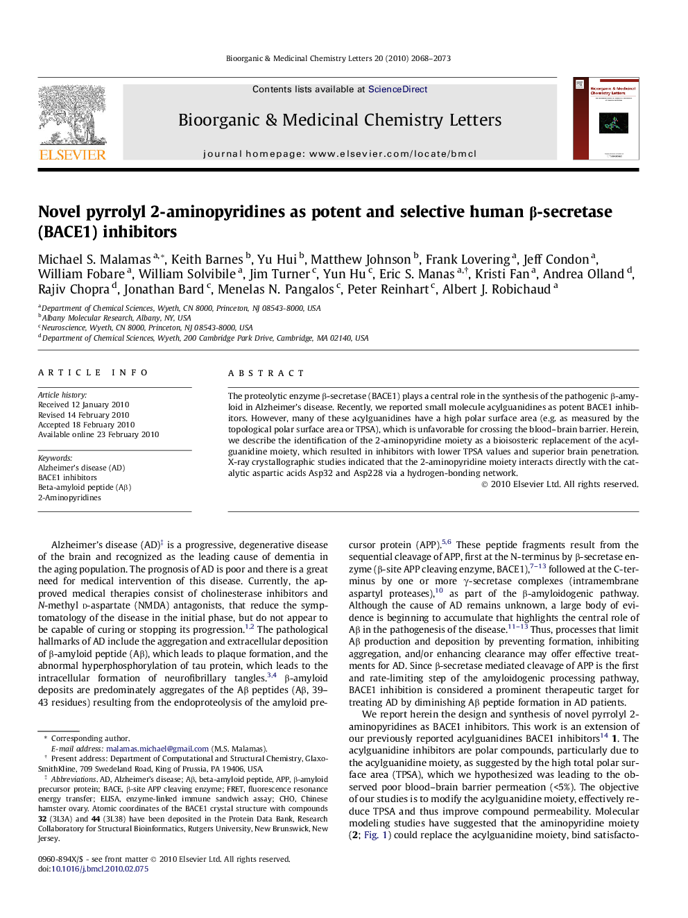 Novel pyrrolyl 2-aminopyridines as potent and selective human β-secretase (BACE1) inhibitors