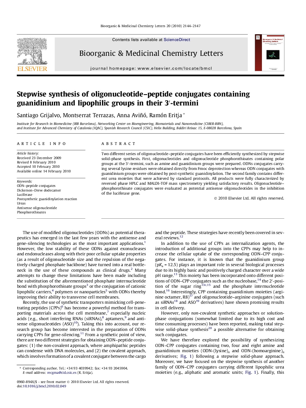 Stepwise synthesis of oligonucleotide–peptide conjugates containing guanidinium and lipophilic groups in their 3′-termini