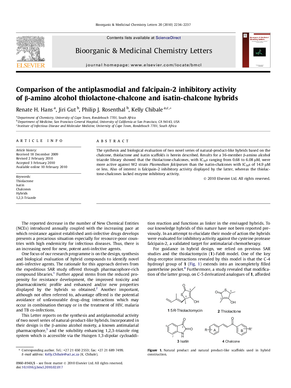 Comparison of the antiplasmodial and falcipain-2 inhibitory activity of β-amino alcohol thiolactone-chalcone and isatin-chalcone hybrids