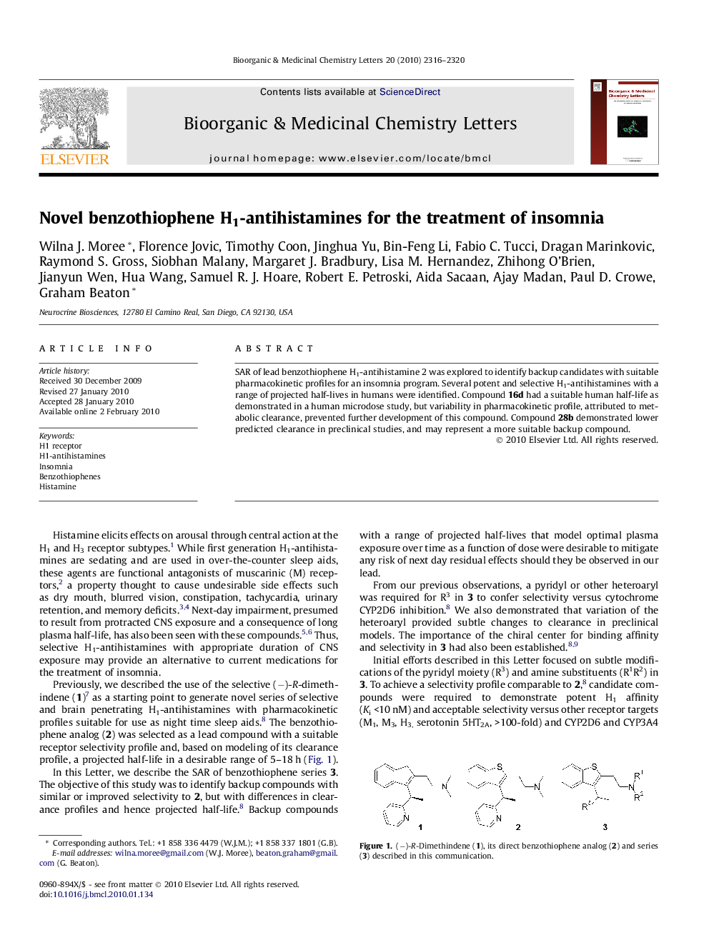 Novel benzothiophene H1-antihistamines for the treatment of insomnia