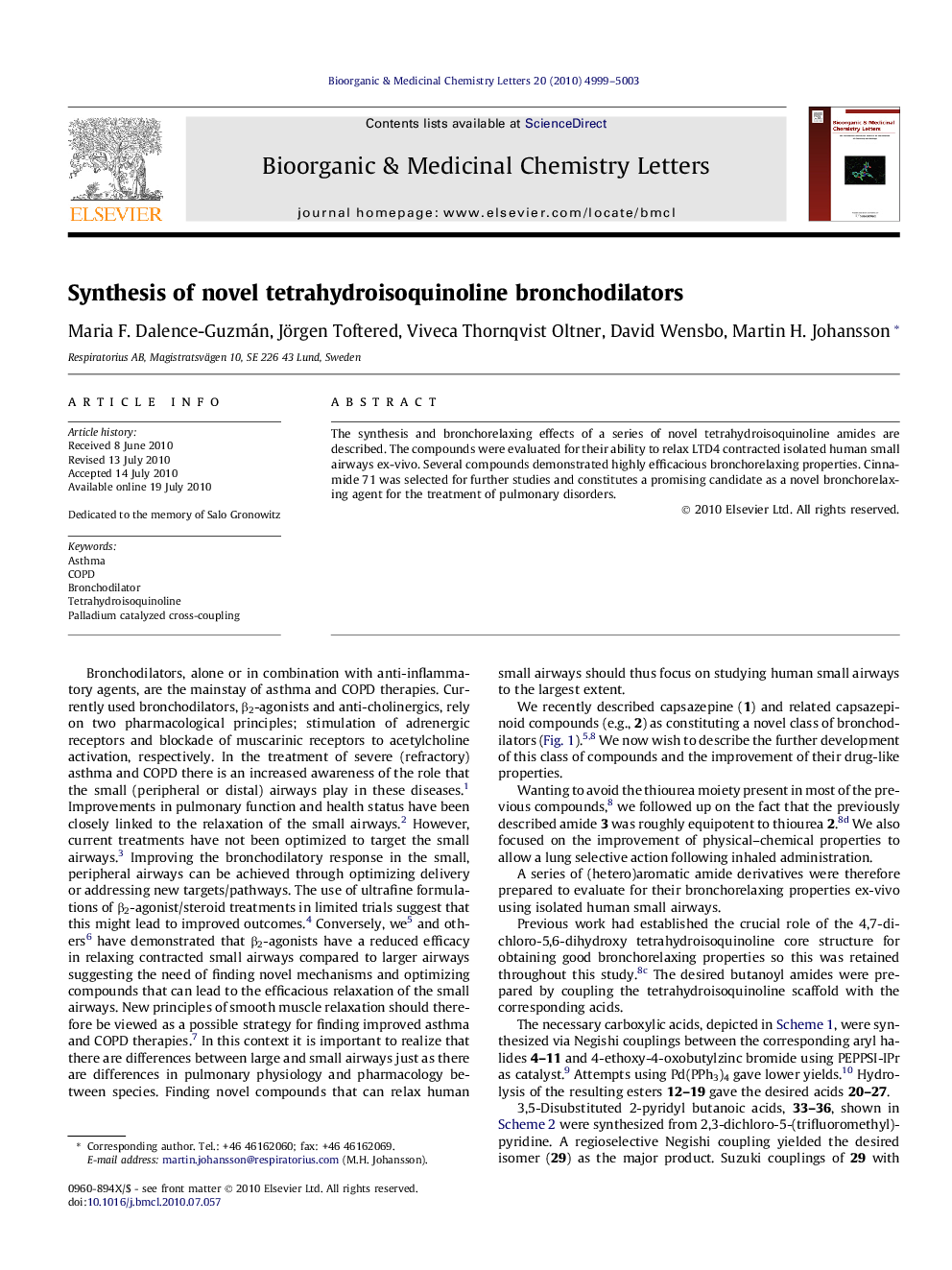 Synthesis of novel tetrahydroisoquinoline bronchodilators