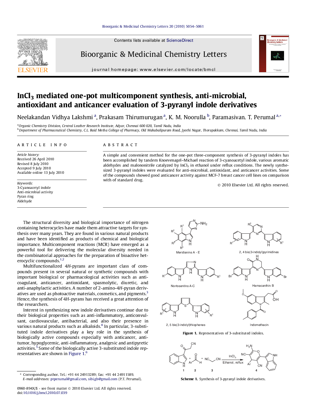 InCl3 mediated one-pot multicomponent synthesis, anti-microbial, antioxidant and anticancer evaluation of 3-pyranyl indole derivatives