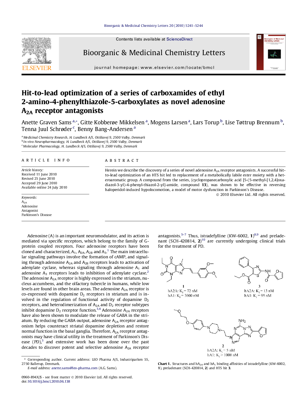 Hit-to-lead optimization of a series of carboxamides of ethyl 2-amino-4-phenylthiazole-5-carboxylates as novel adenosine A2A receptor antagonists