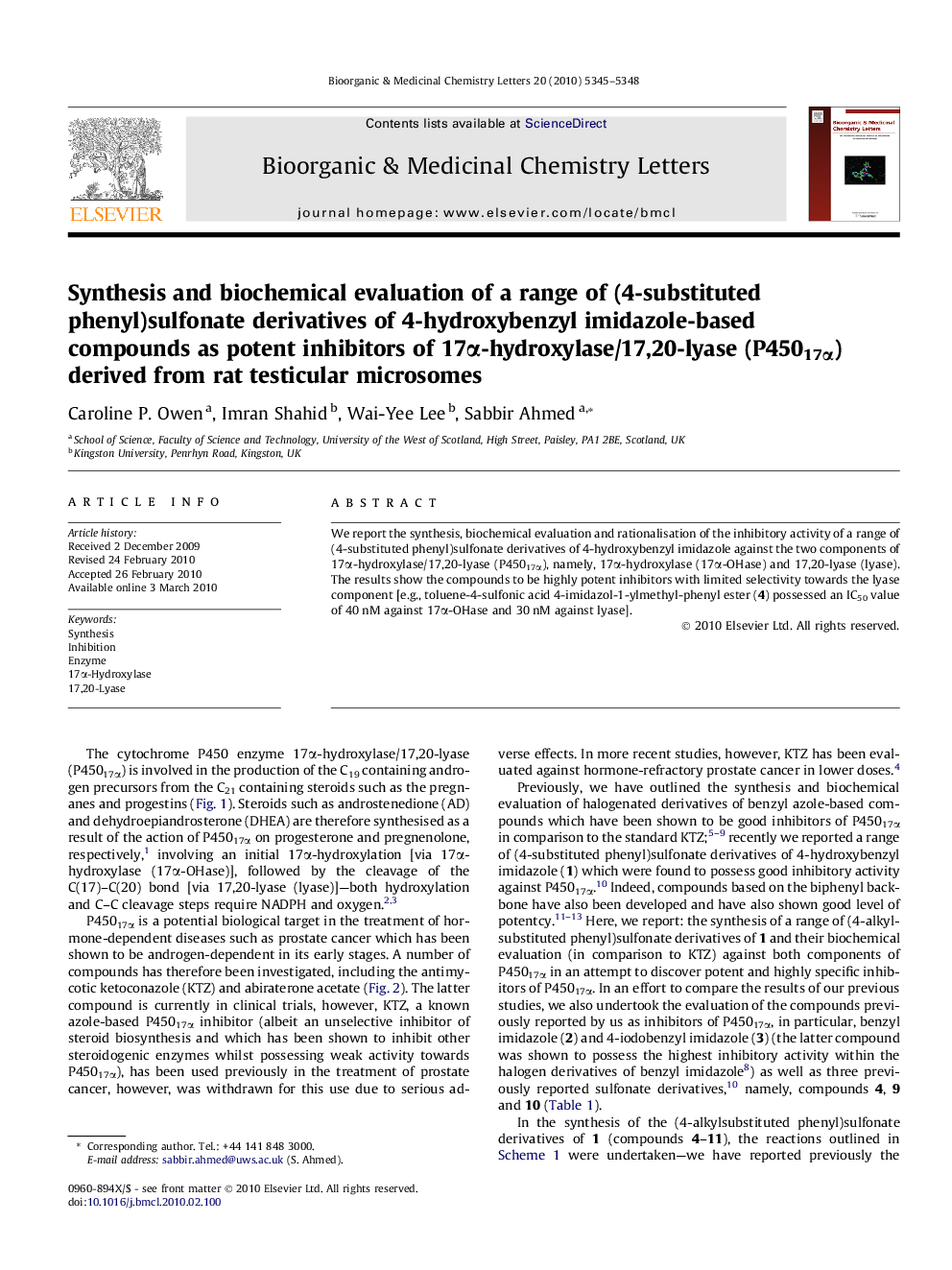 Synthesis and biochemical evaluation of a range of (4-substituted phenyl)sulfonate derivatives of 4-hydroxybenzyl imidazole-based compounds as potent inhibitors of 17Î±-hydroxylase/17,20-lyase (P45017Î±) derived from rat testicular microsomes