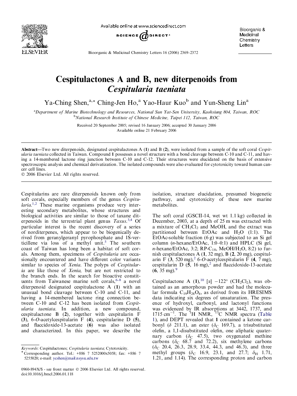 Cespitulactones A and B, new diterpenoids from Cespitularia taeniata