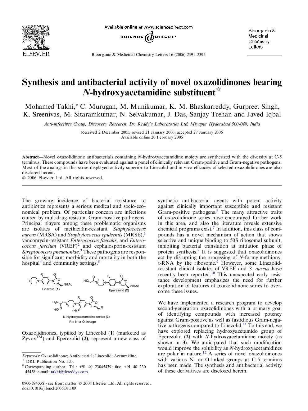 Synthesis and antibacterial activity of novel oxazolidinones bearing N-hydroxyacetamidine substituent 