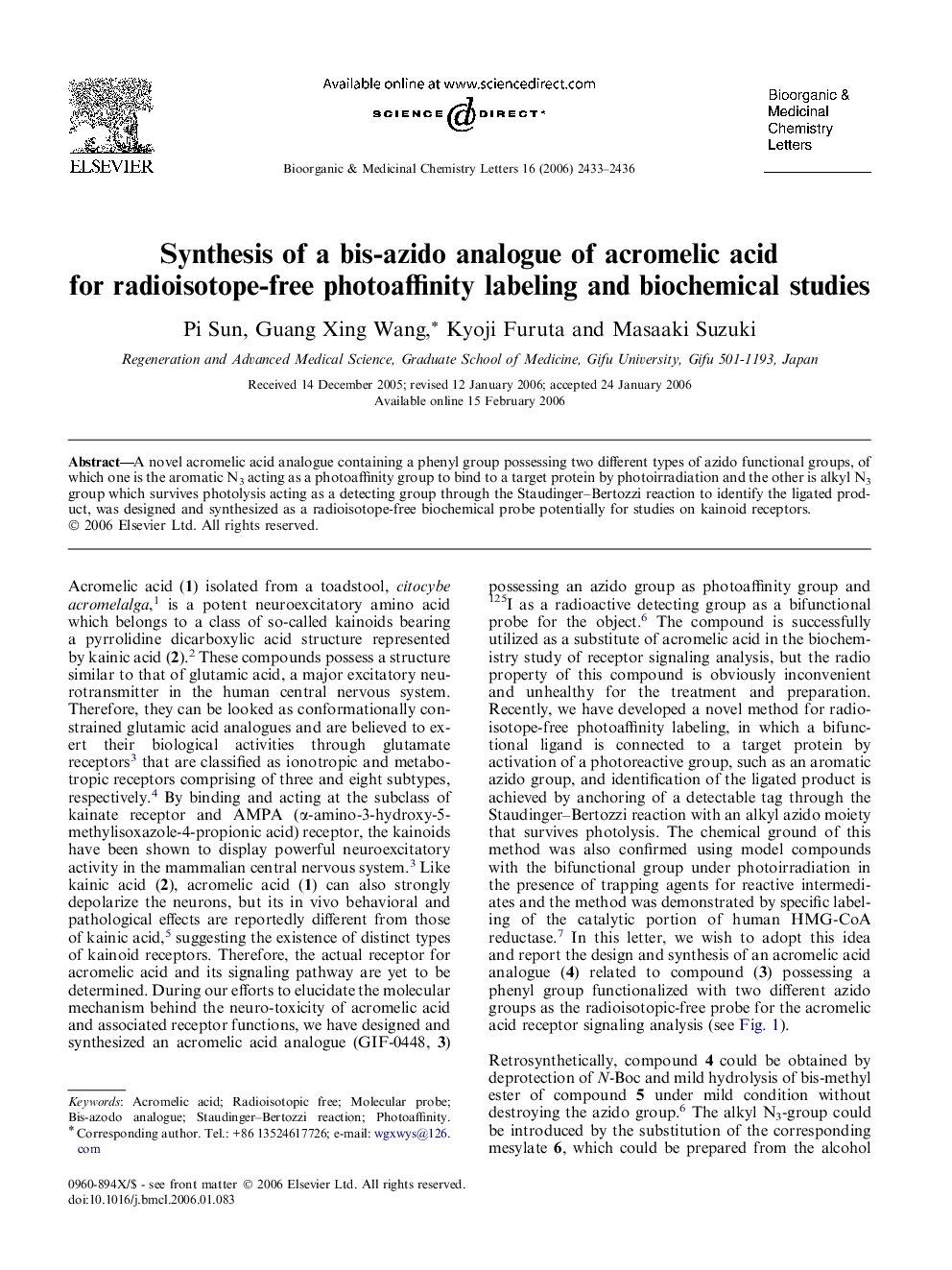 Synthesis of a bis-azido analogue of acromelic acid for radioisotope-free photoaffinity labeling and biochemical studies