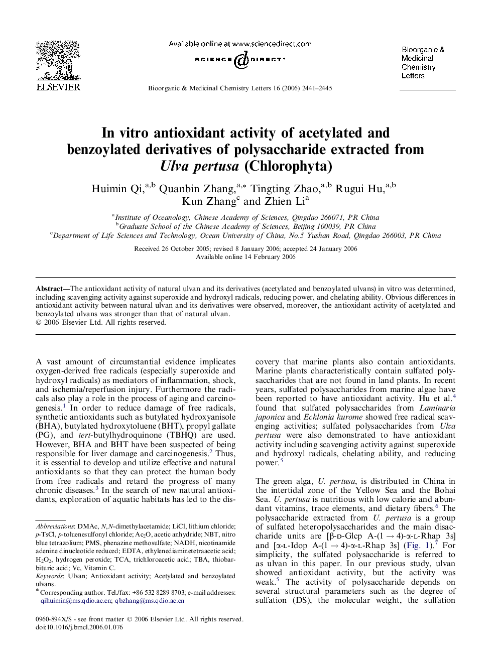 In vitro antioxidant activity of acetylated and benzoylated derivatives of polysaccharide extracted from Ulva pertusa (Chlorophyta)