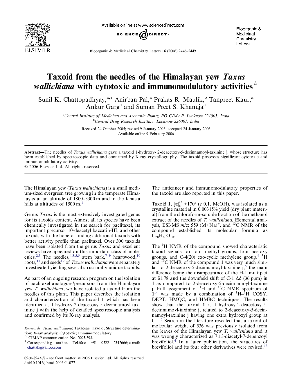 Taxoid from the needles of the Himalayan yew Taxus wallichiana with cytotoxic and immunomodulatory activities 