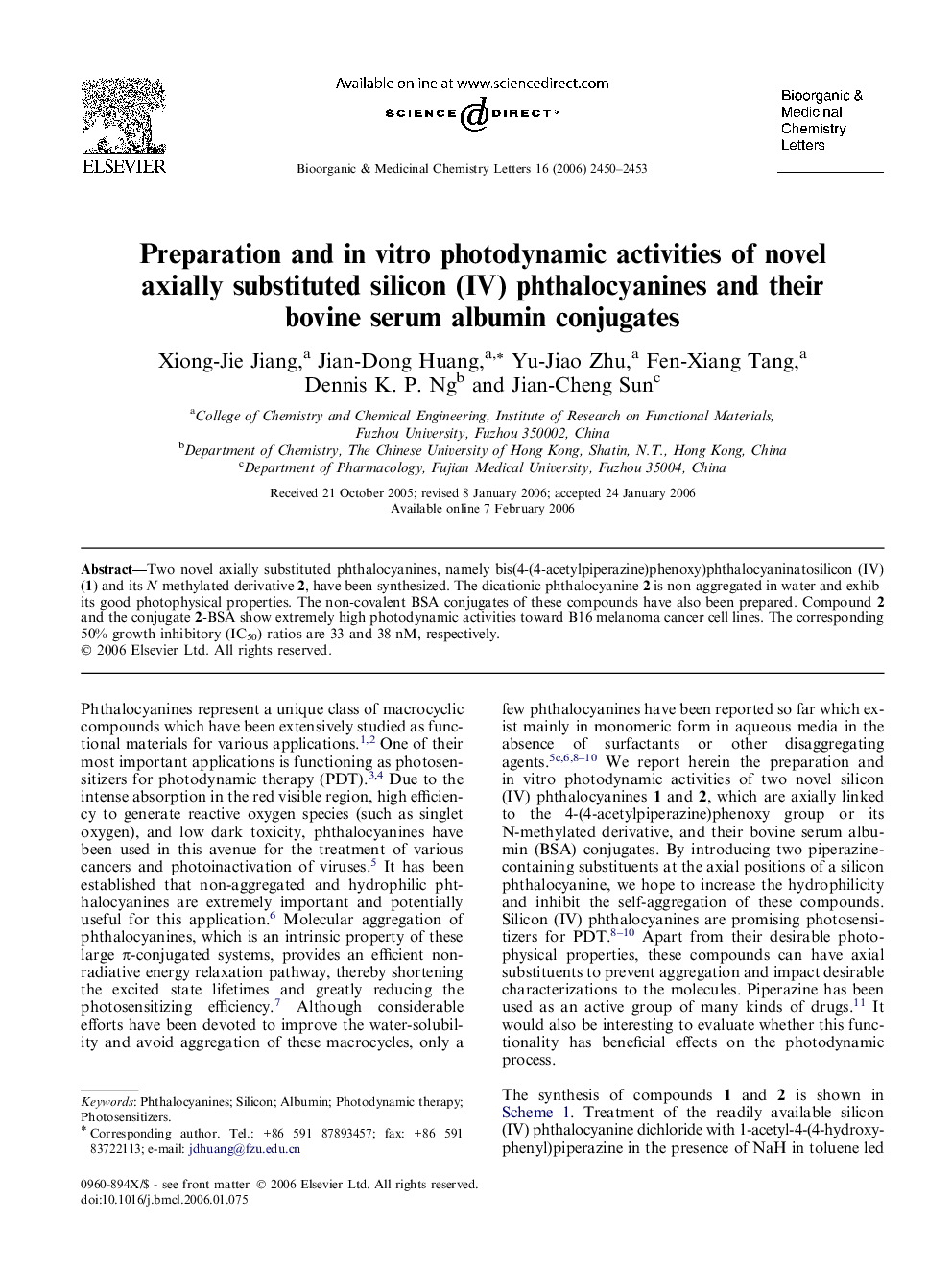 Preparation and in vitro photodynamic activities of novel axially substituted silicon (IV) phthalocyanines and their bovine serum albumin conjugates