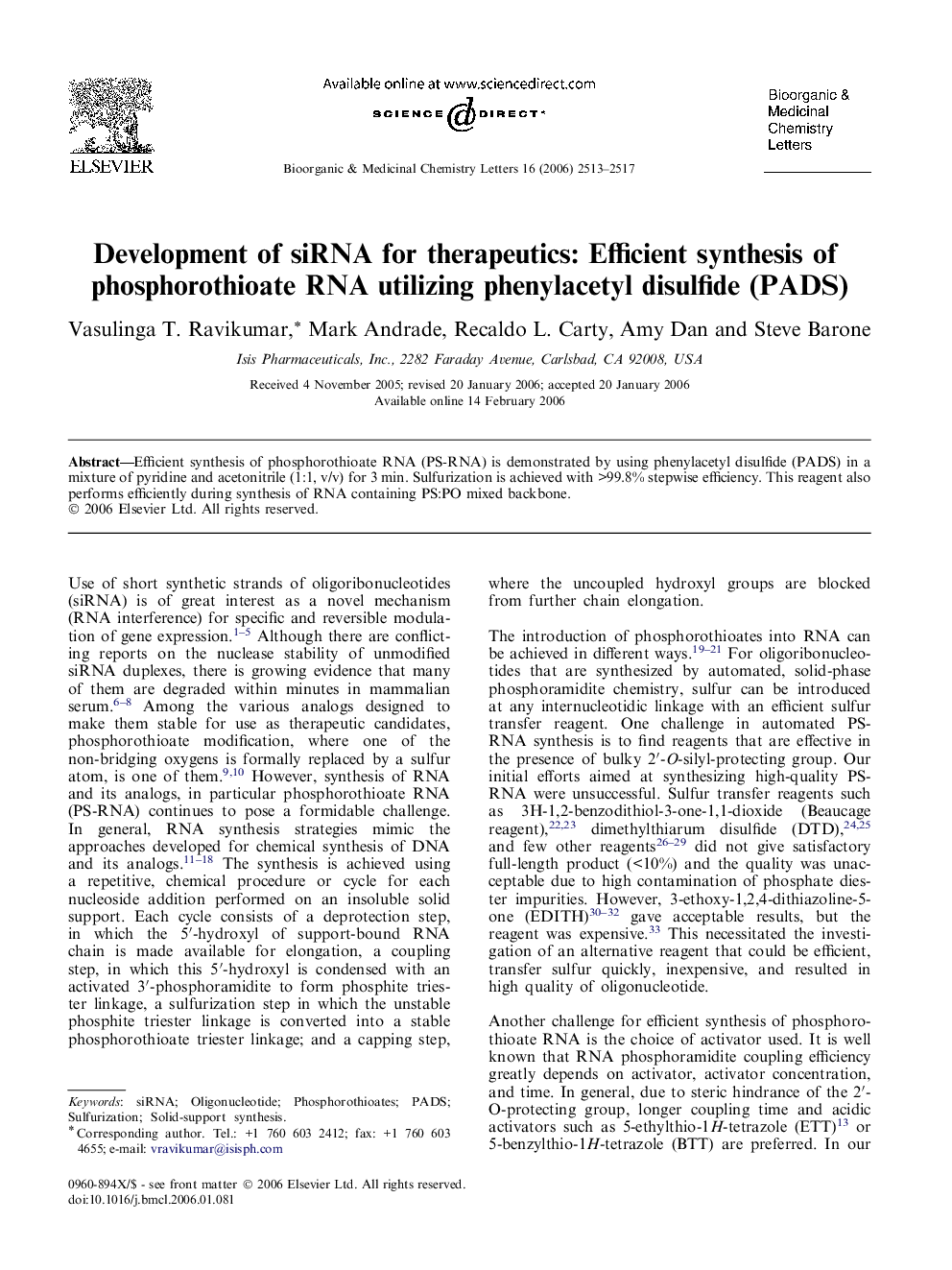 Development of siRNA for therapeutics: Efficient synthesis of phosphorothioate RNA utilizing phenylacetyl disulfide (PADS)