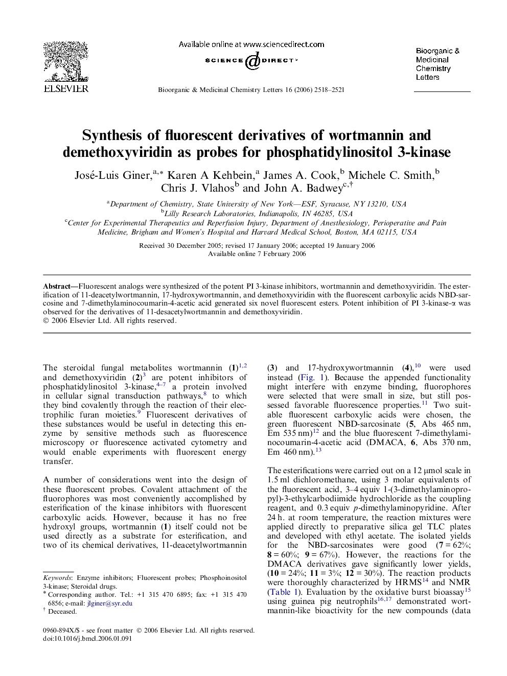 Synthesis of fluorescent derivatives of wortmannin and demethoxyviridin as probes for phosphatidylinositol 3-kinase