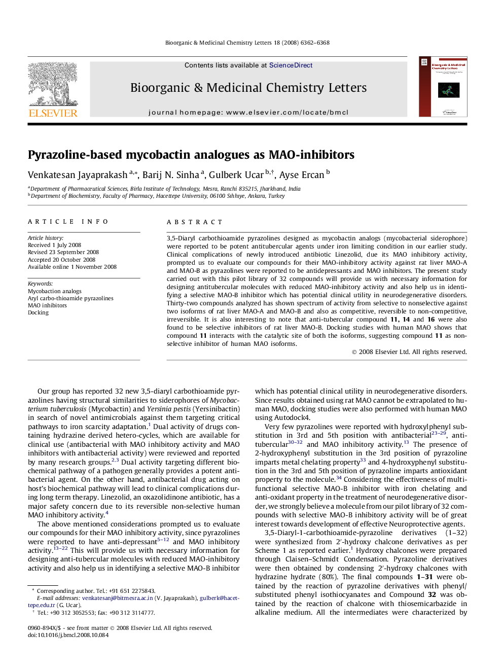 Pyrazoline-based mycobactin analogues as MAO-inhibitors