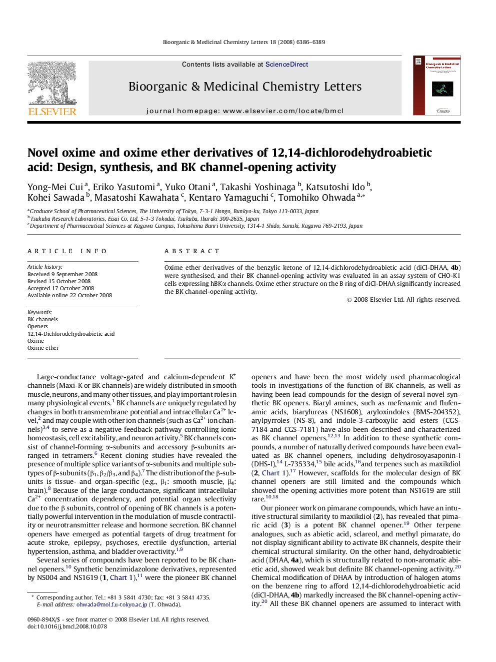 Novel oxime and oxime ether derivatives of 12,14-dichlorodehydroabietic acid: Design, synthesis, and BK channel-opening activity