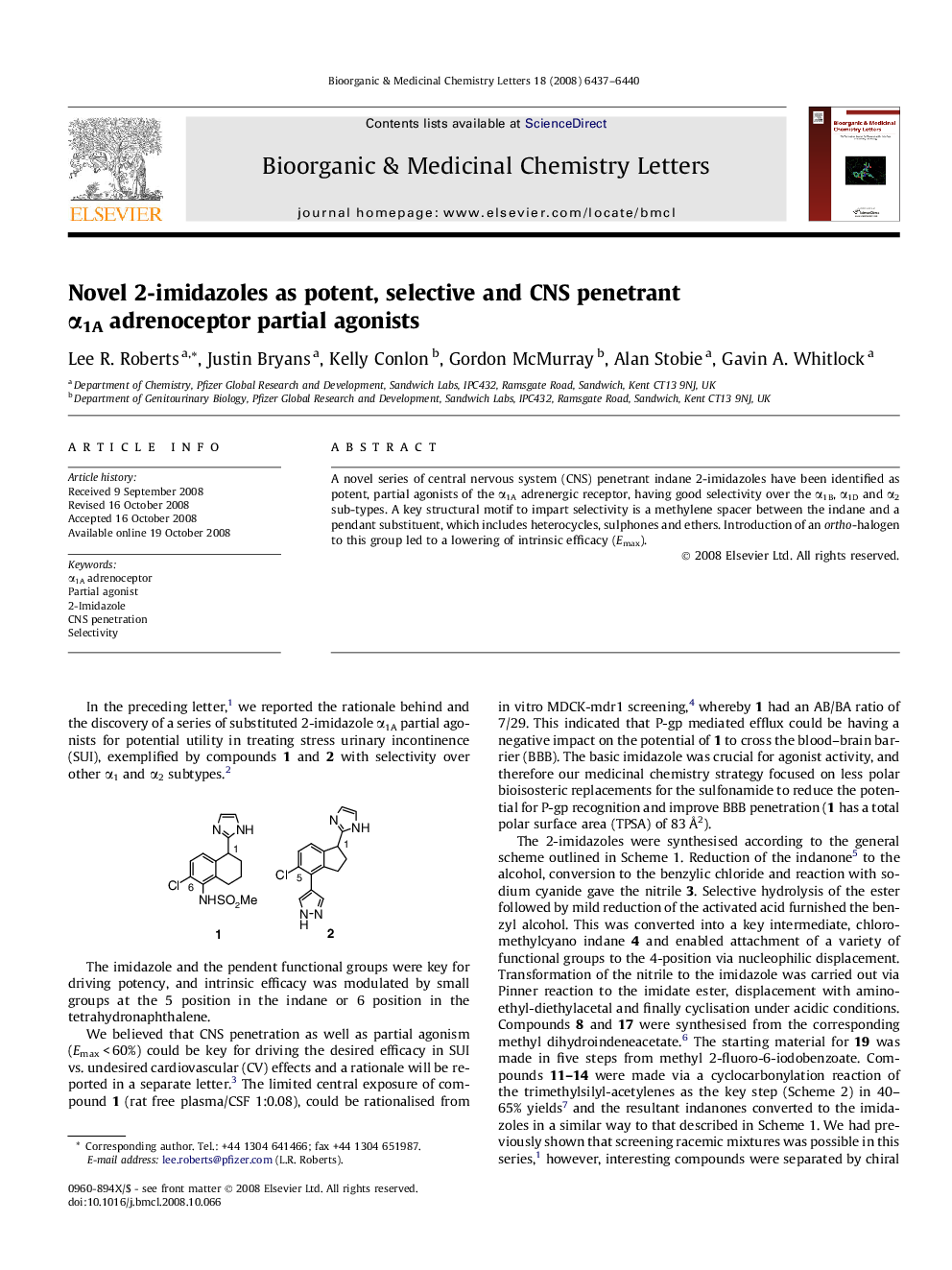 Novel 2-imidazoles as potent, selective and CNS penetrant α1A adrenoceptor partial agonists