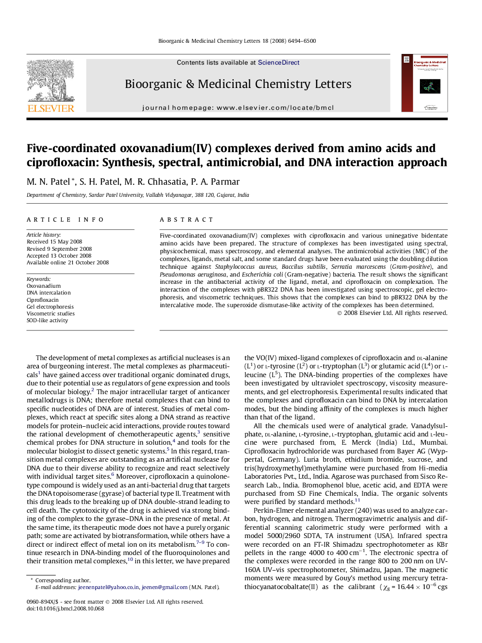 Five-coordinated oxovanadium(IV) complexes derived from amino acids and ciprofloxacin: Synthesis, spectral, antimicrobial, and DNA interaction approach