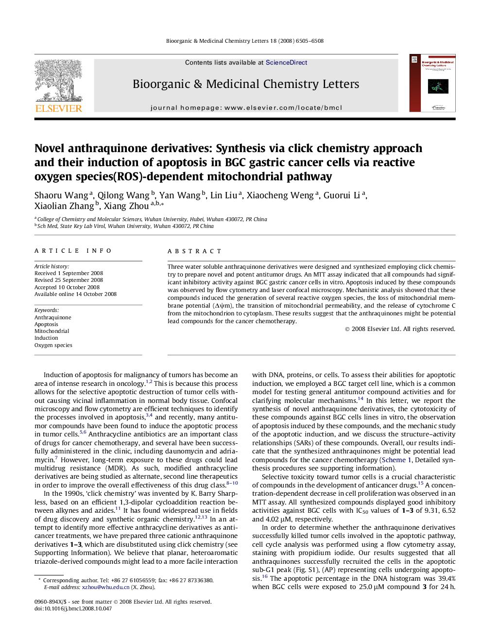 Novel anthraquinone derivatives: Synthesis via click chemistry approach and their induction of apoptosis in BGC gastric cancer cells via reactive oxygen species(ROS)-dependent mitochondrial pathway