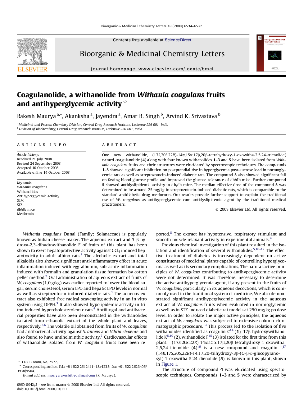 Coagulanolide, a withanolide from Withania coagulans fruits and antihyperglycemic activity 