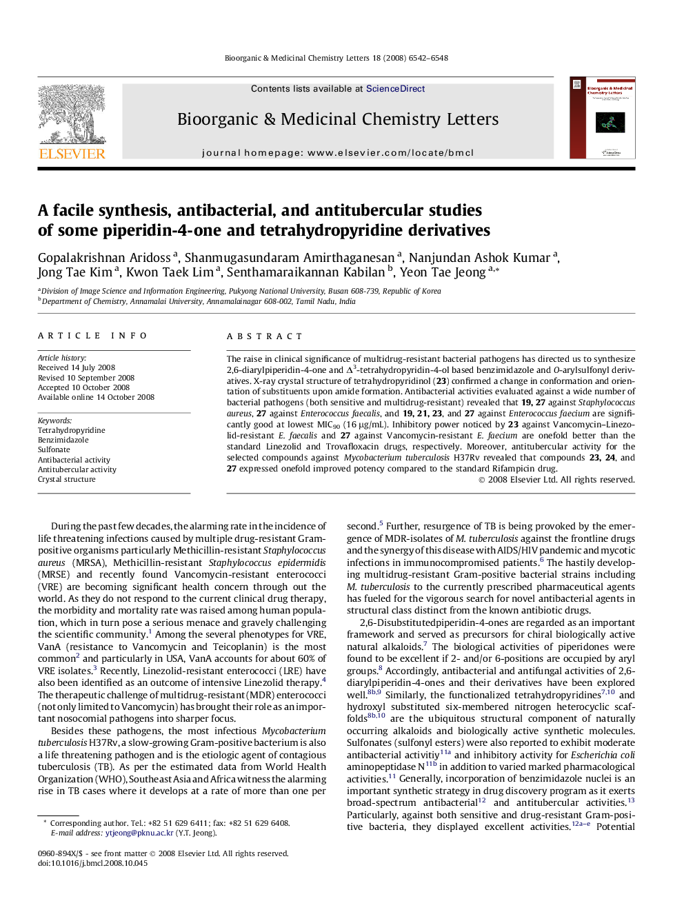 A facile synthesis, antibacterial, and antitubercular studies of some piperidin-4-one and tetrahydropyridine derivatives