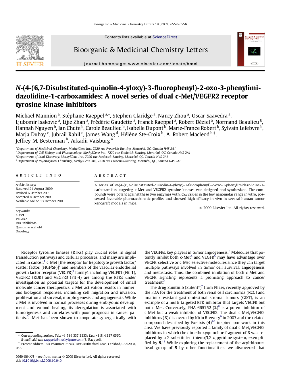 N-(4-(6,7-Disubstituted-quinolin-4-yloxy)-3-fluorophenyl)-2-oxo-3-phenylimidazolidine-1-carboxamides: A novel series of dual c-Met/VEGFR2 receptor tyrosine kinase inhibitors