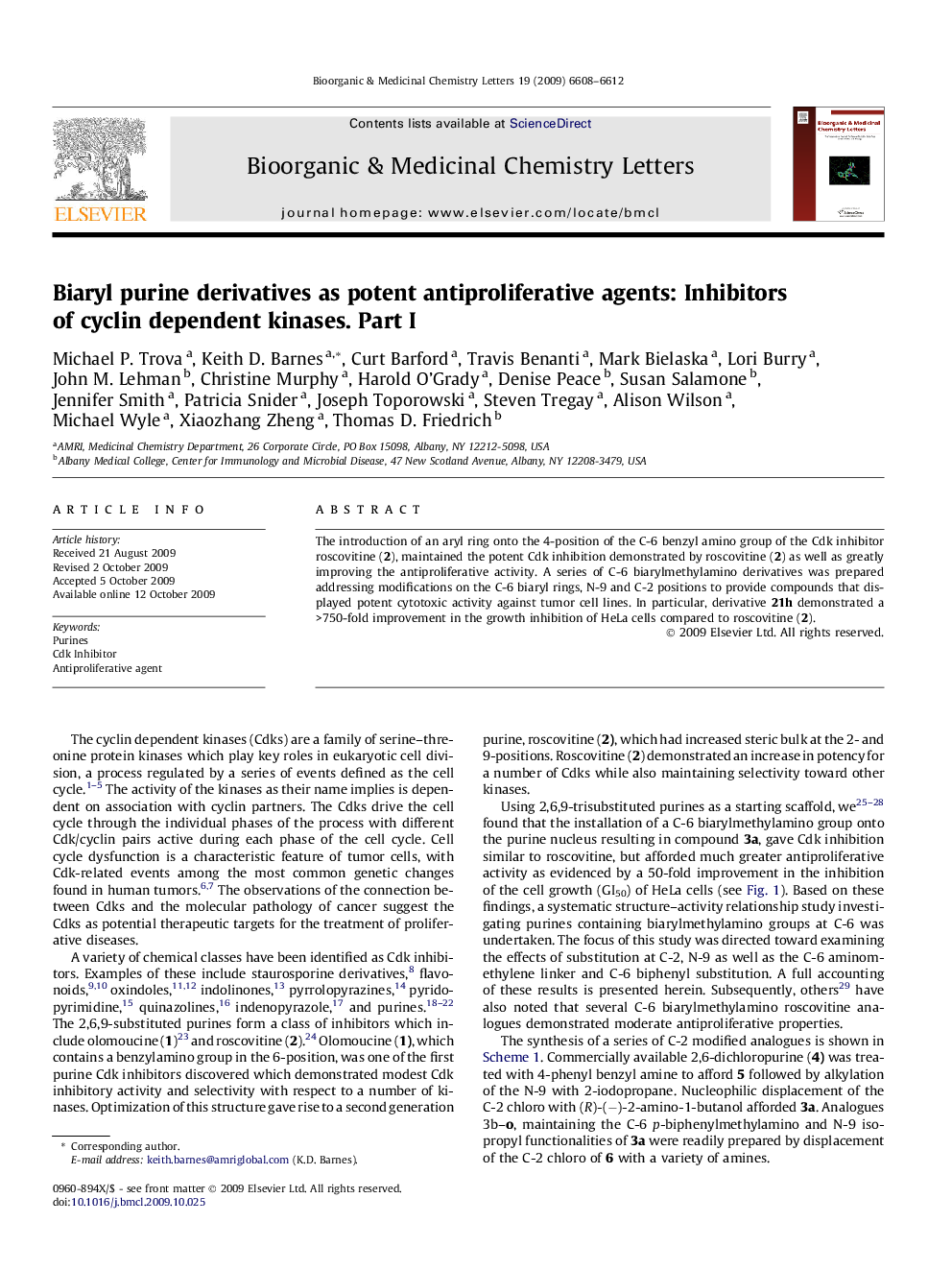 Biaryl purine derivatives as potent antiproliferative agents: Inhibitors of cyclin dependent kinases. Part I